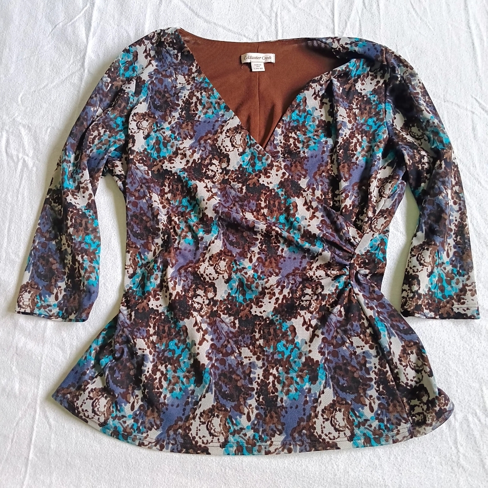 Coldwater Creek Brown & Teal Abstract Knit Wrap Blouse Size L 14-16 Fall Autumn